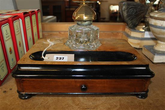 Victorian walnut desk stand with cut glass and brass inkwell